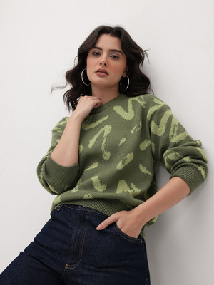 Roadster Self Design Round Neck Casual Women Green Sweater