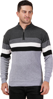 FUKUSO Striped Collared Neck Casual Men Grey Sweater