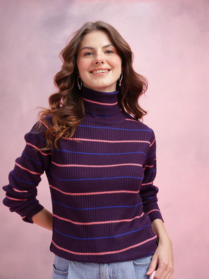 Dressberry Striped Turtle Neck Casual Women Purple Sweater