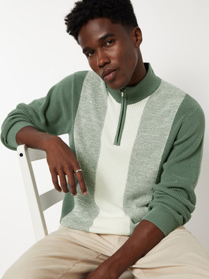 MAX Striped Round Neck Casual Men Green Sweater
