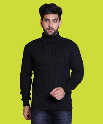 jorden4u Self Design Turtle Neck Casual Men Black Sweater