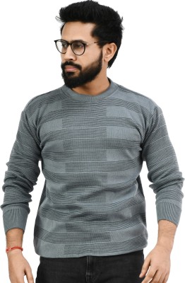 Life and style Self Design Round Neck Casual Men Grey Sweater