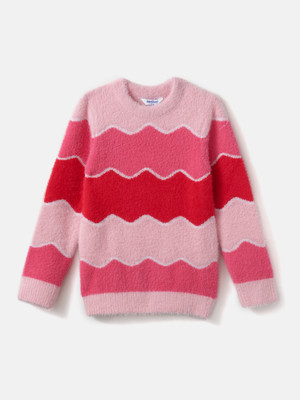 NautiNati Self Design Round Neck Casual Girls Pink Sweater