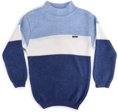 TAFASHIONMART Woven, Striped Round Neck Casual Boys & Girls Blue Sweater