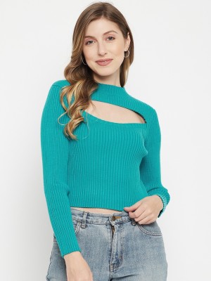 MADAME Solid Round Neck Casual Women Reversible Blue Sweater