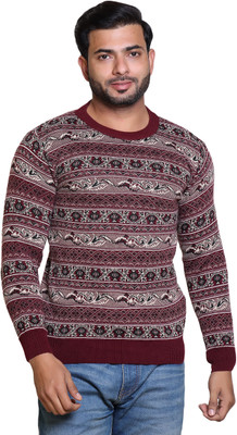 Grand Line Self Design Round Neck Casual Men Maroon Sweater
