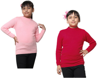 KAVYA Solid Round Neck Casual Baby Girls Pink, Maroon Sweater
