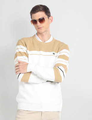 Arrow Sport Striped Crew Neck Casual Men Beige Sweater