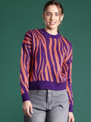 Dressberry Self Design Round Neck Casual Women Purple Sweater