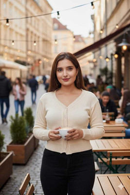 urban trees Solid V Neck Casual Women White Sweater