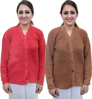 Shunit creation Printed V Neck Casual Women Brown, Red Sweater