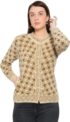 HITTIKA Printed Round Neck Casual Women Beige Sweater