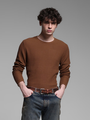 JACK & JONES Solid Round Neck Casual Men Brown Sweater