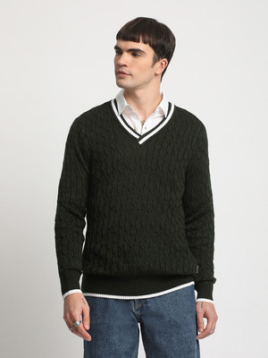 THE BEAR HOUSE Self Design V Neck Casual Men Green Sweater