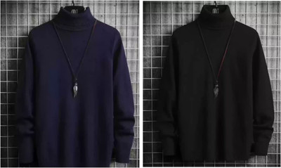 Oishee Self Design High Neck Casual Men Blue, Black Sweater
