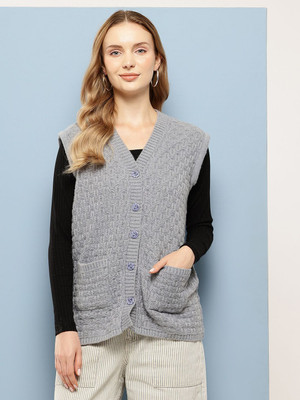 Aarika Solid V Neck Casual Women Grey Sweater