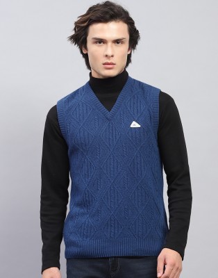 MONTE CARLO Self Design V Neck Casual Men Blue Sweater