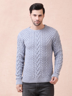 NOQUO Self Design Round Neck Casual Men Grey Sweater