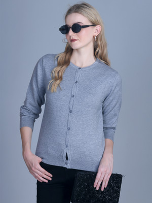 7 ISLANDS Self Design Round Neck Casual Women Light Blue Sweater