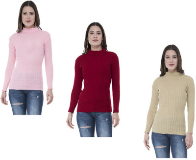 KAVYA Woven Turtle Neck Casual Women Pink, Maroon, Beige Sweater