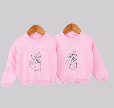 Fame Hype Printed Round Neck Casual Baby Boys & Baby Girls Pink Sweater
