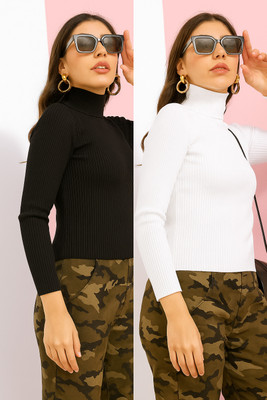 COPEHI Solid High Neck Casual Women White, Black Sweater