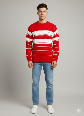 Zyora Collection Striped Round Neck Casual Men Red Sweater