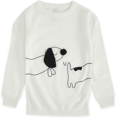 Pantaloons Junior Printed Round Neck Casual Girls White Sweater