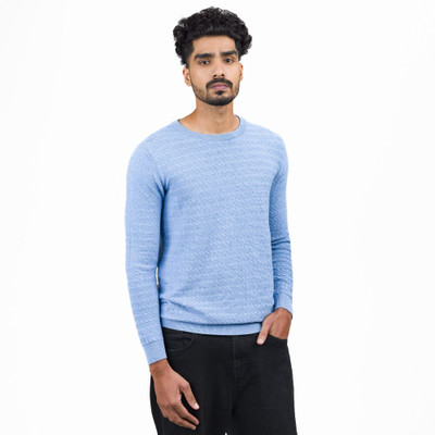 Desert Street Self Design Crew Neck Casual Men Blue Sweater