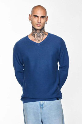Snitch Solid V Neck Casual Men Blue Sweater