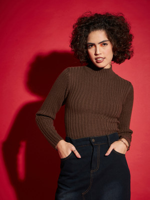 SASSAFRAS Woven High Neck Casual Women Brown Sweater