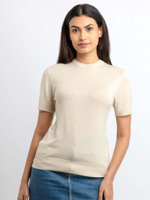 Status Quo Solid Round Neck Casual Women Beige Sweater