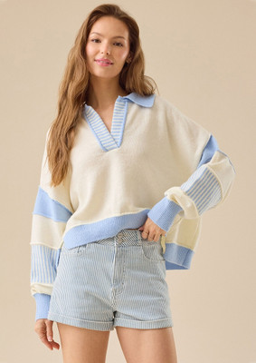 LULU & SKY Striped Collared Neck Casual Women Beige Sweater