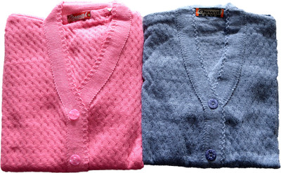 Shunit creation Self Design V Neck Lounge Wear Women Pink, Grey Sweater