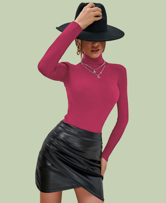 Lecowar Solid High Neck Casual Women Pink Sweater