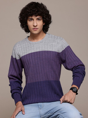 Roadster Colorblock Round Neck Casual Men Grey Sweater