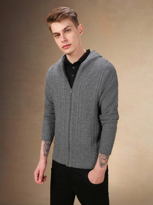 Dennis Lingo Solid Hooded Neck Casual Men Grey Sweater