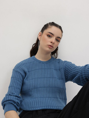 Roadster Solid Round Neck Casual Women Blue Sweater