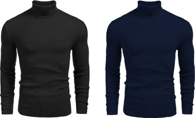 HOSUEOFCOMMON Self Design High Neck Casual Men Blue, Grey Sweater