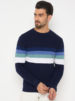 DUKE Striped Round Neck Casual Men Blue Sweater