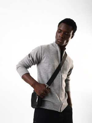 High Star Self Design Collared Neck Casual Men Grey Sweater