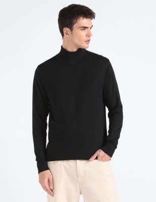 FLYING MACHINE Solid Turtle Neck Casual Men Black Sweater