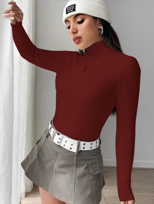 Kintu Parantu Solid High Neck Casual Women Maroon Sweater