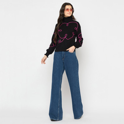 MADAME Printed High Neck Casual Women Black Sweater