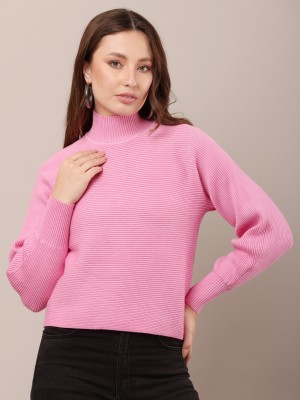 Nobarr Solid High Neck Casual Women Pink Sweater