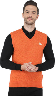 MONTE CARLO Self Design V Neck Casual Men Orange Sweater