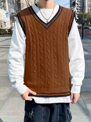 Eddicted Self Design V Neck Party Men Brown Sweater