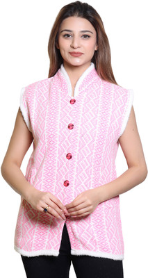 avmay Geometric Print V Neck Casual Women Pink, White Sweater
