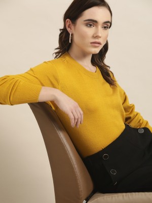 her by invictus Solid Round Neck Casual Women Yellow Sweater