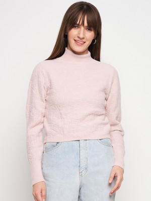 MADAME Solid High Neck Casual Women Pink Sweater